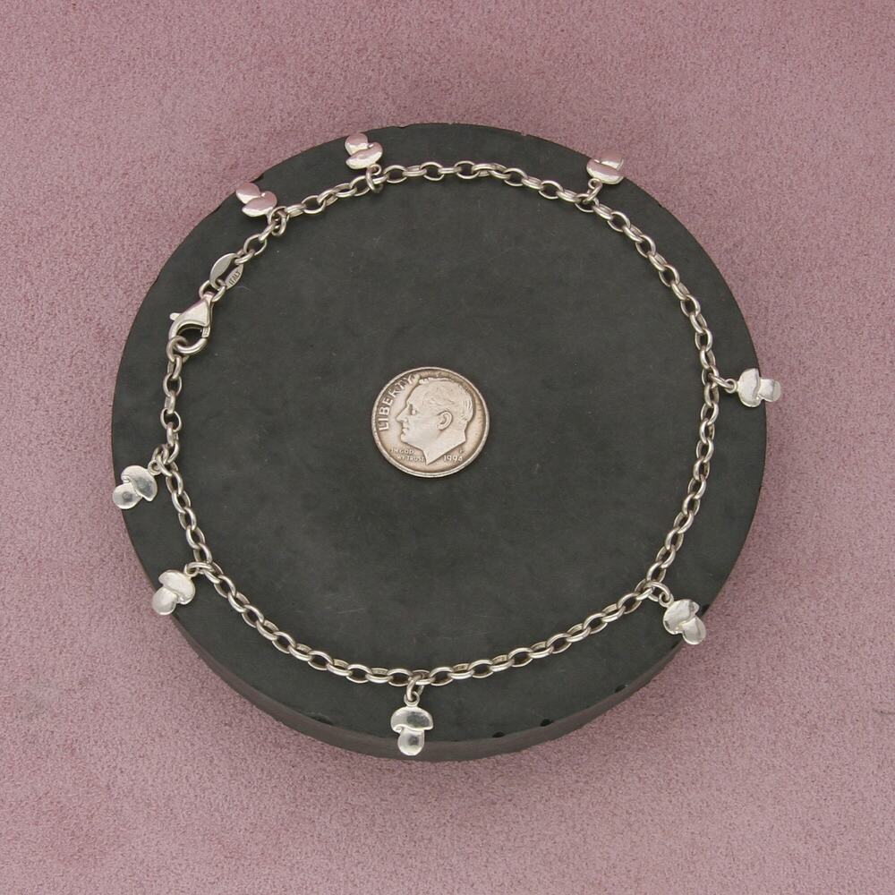 sterling silver mushroom charm anklet bracelet size 10.25in - Picture 2 of 3